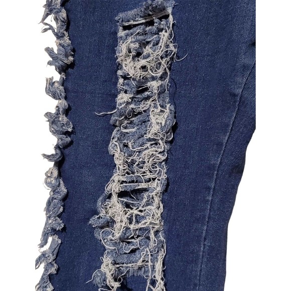 Wide Flare High Rise Distressed Raw Fringe Hem Jeans Size Large, Very Stretchy! - Picture 4 of 6
